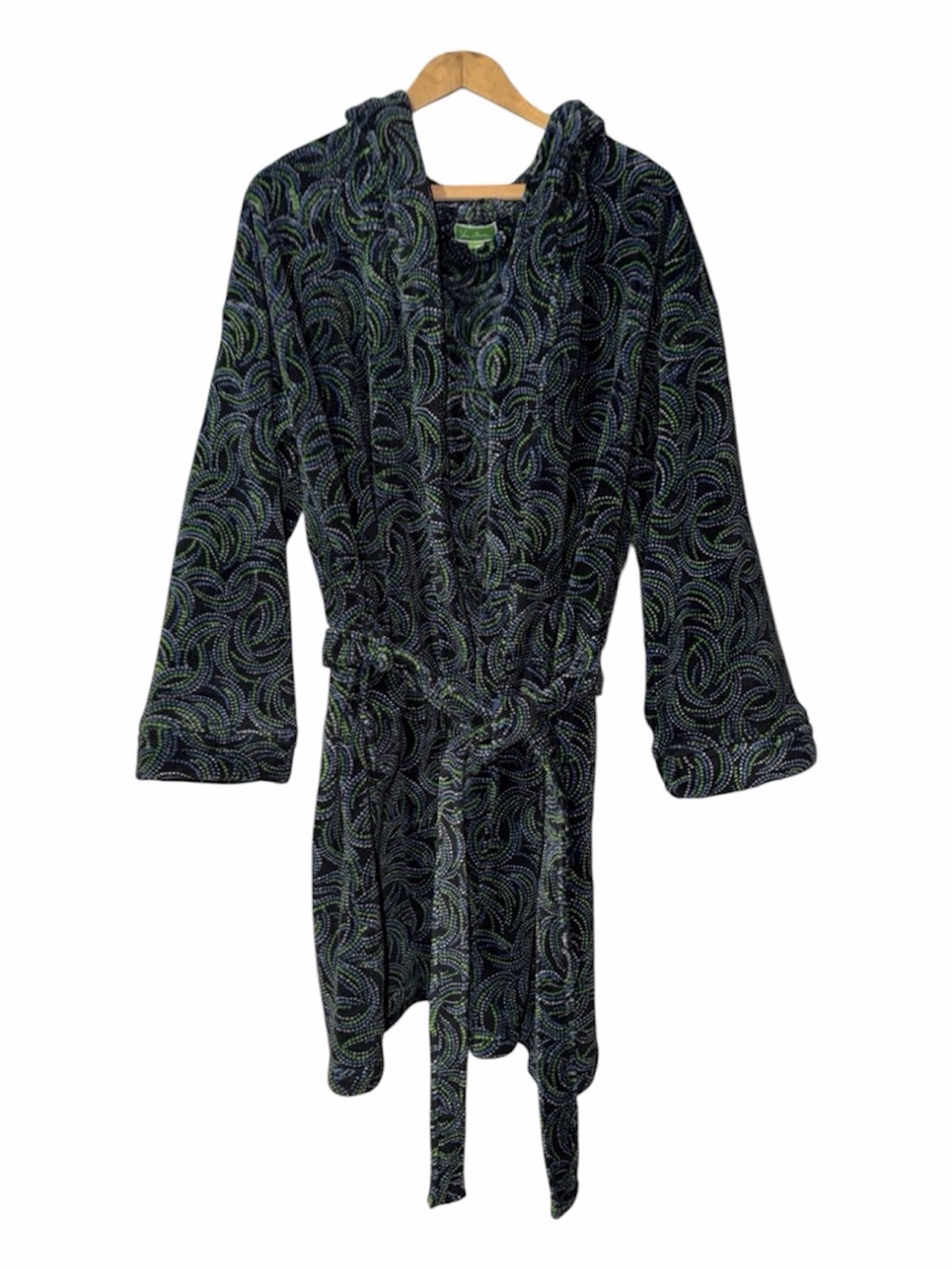 Vera Bradley Hooded Plush Robe in Black with Green/Blue/White Swirl